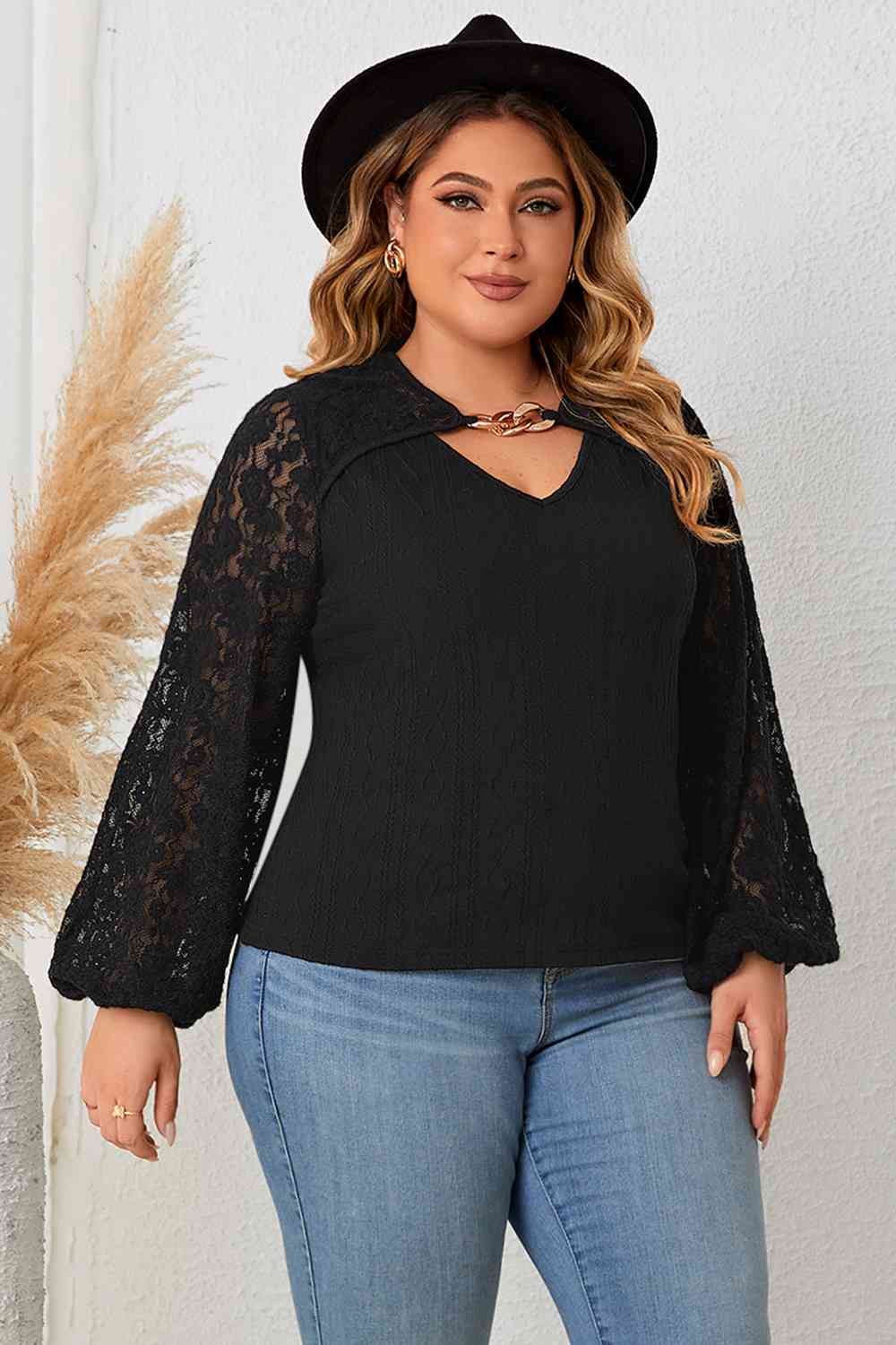 Cutout Front Lace Sleeve Blouse