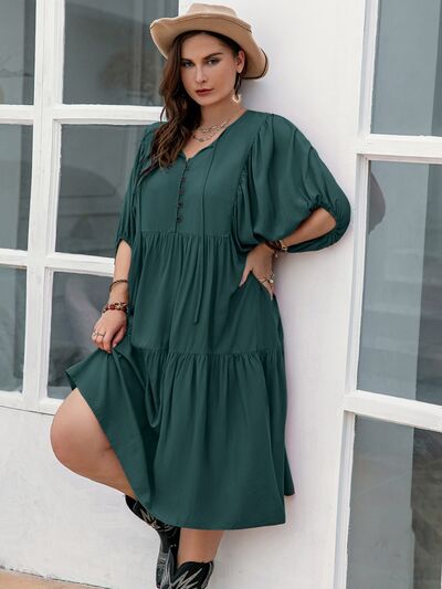 Tie Neck Balloon Sleeve Midi Dress