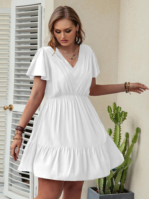 Double Take Ruffle Hem V-Neck Short Sleeve Dress