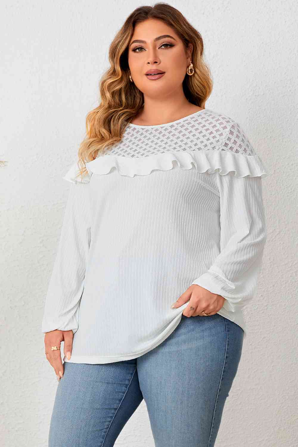 Ruffled Round Neck Long Sleeve Blouse