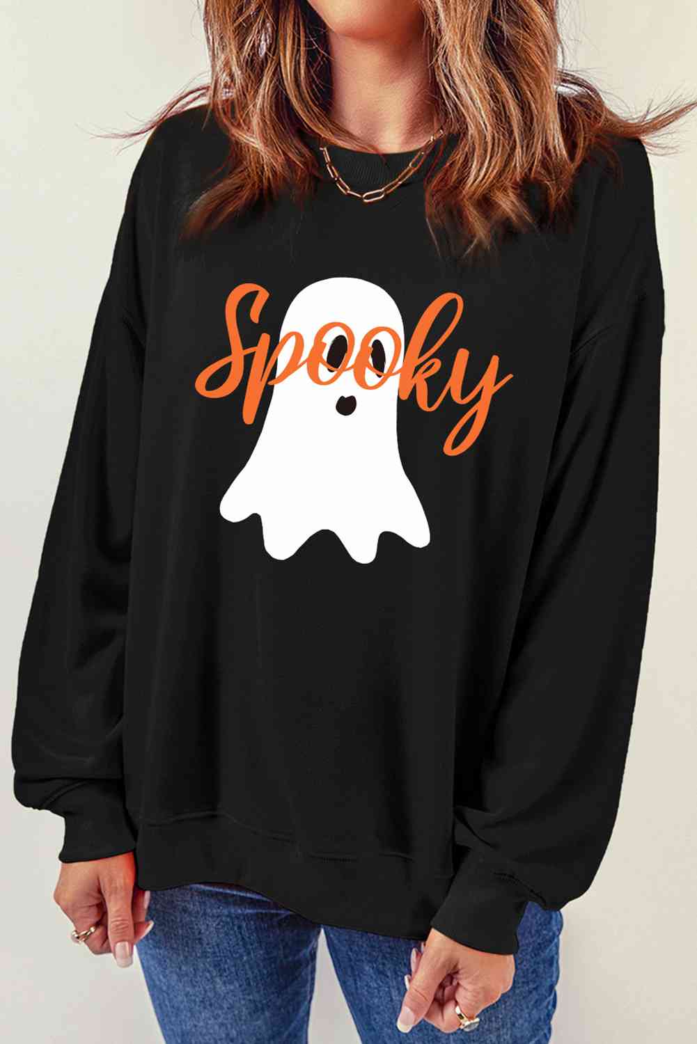 SPOOKY Ghost Graphic Round Neck Sweatshirt