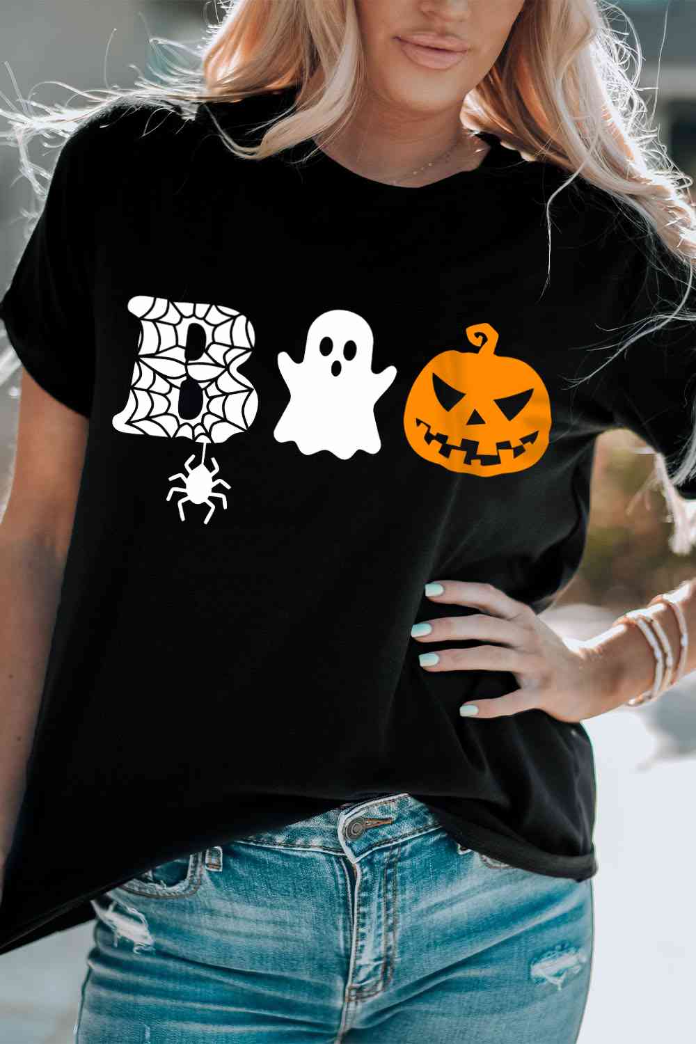 Round Neck Short Sleeve BOO Graphic T-Shirt