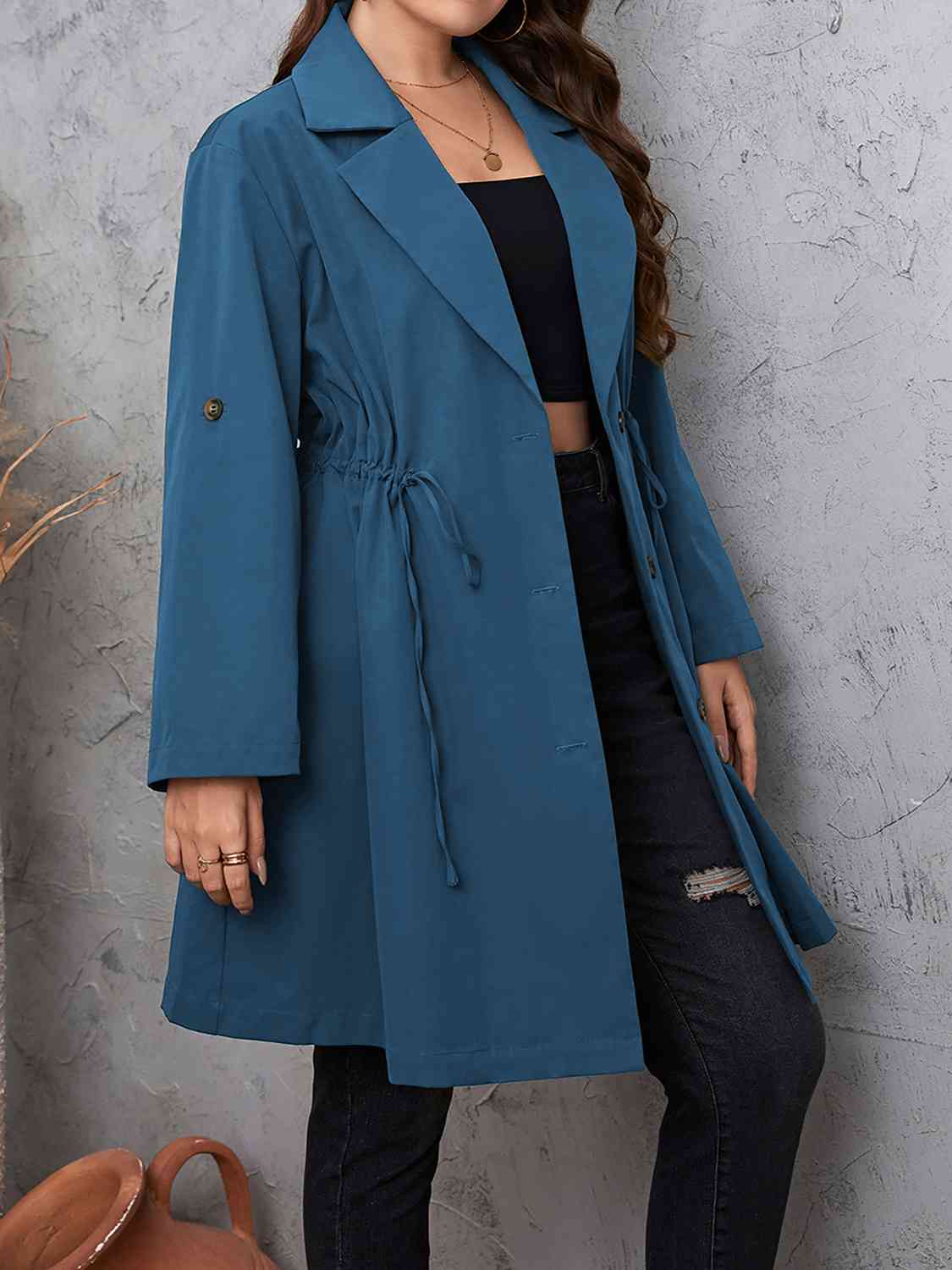 Lapel Collar Drawstring Roll-Tab Sleeve Trench Coat