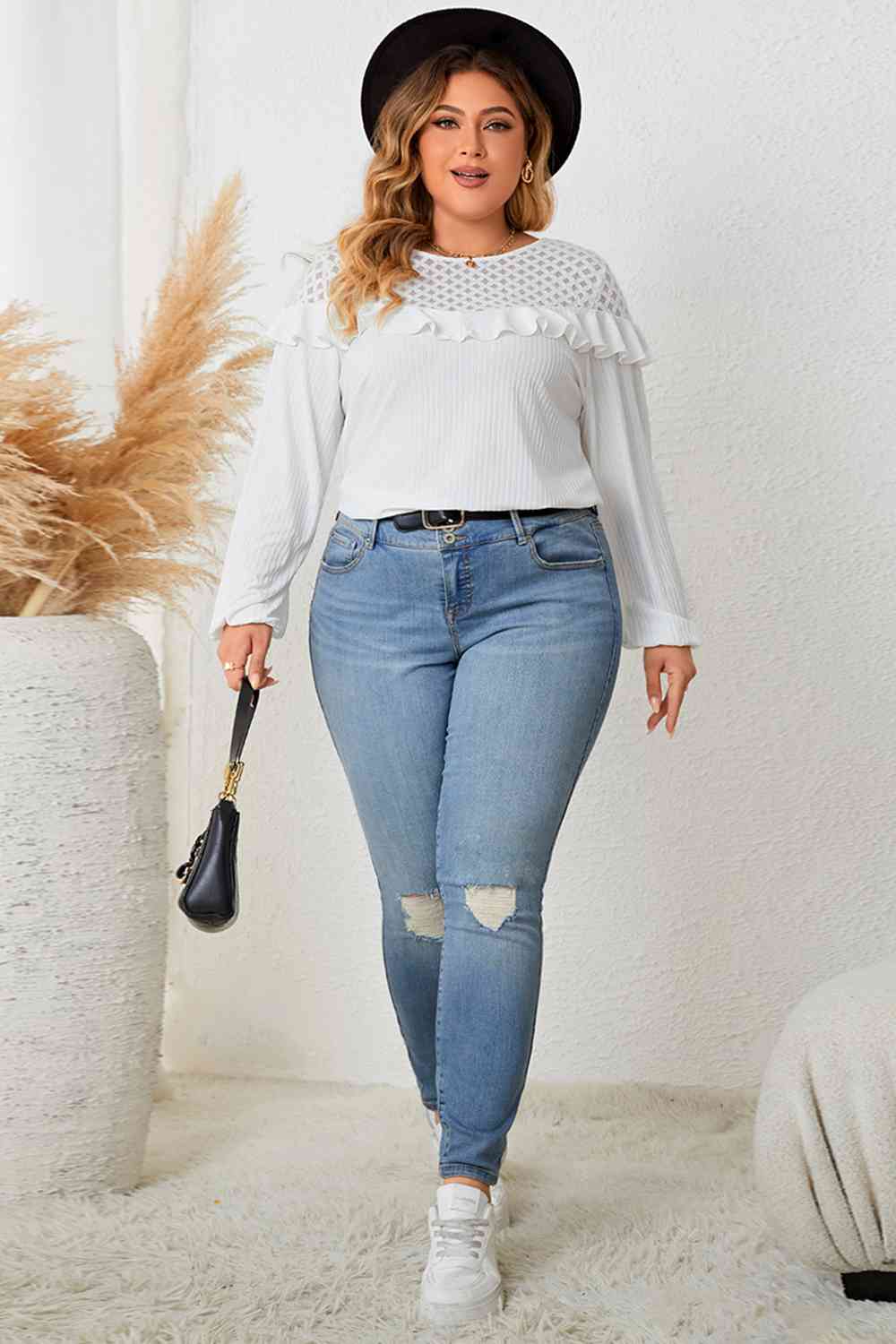 Ruffled Round Neck Long Sleeve Blouse