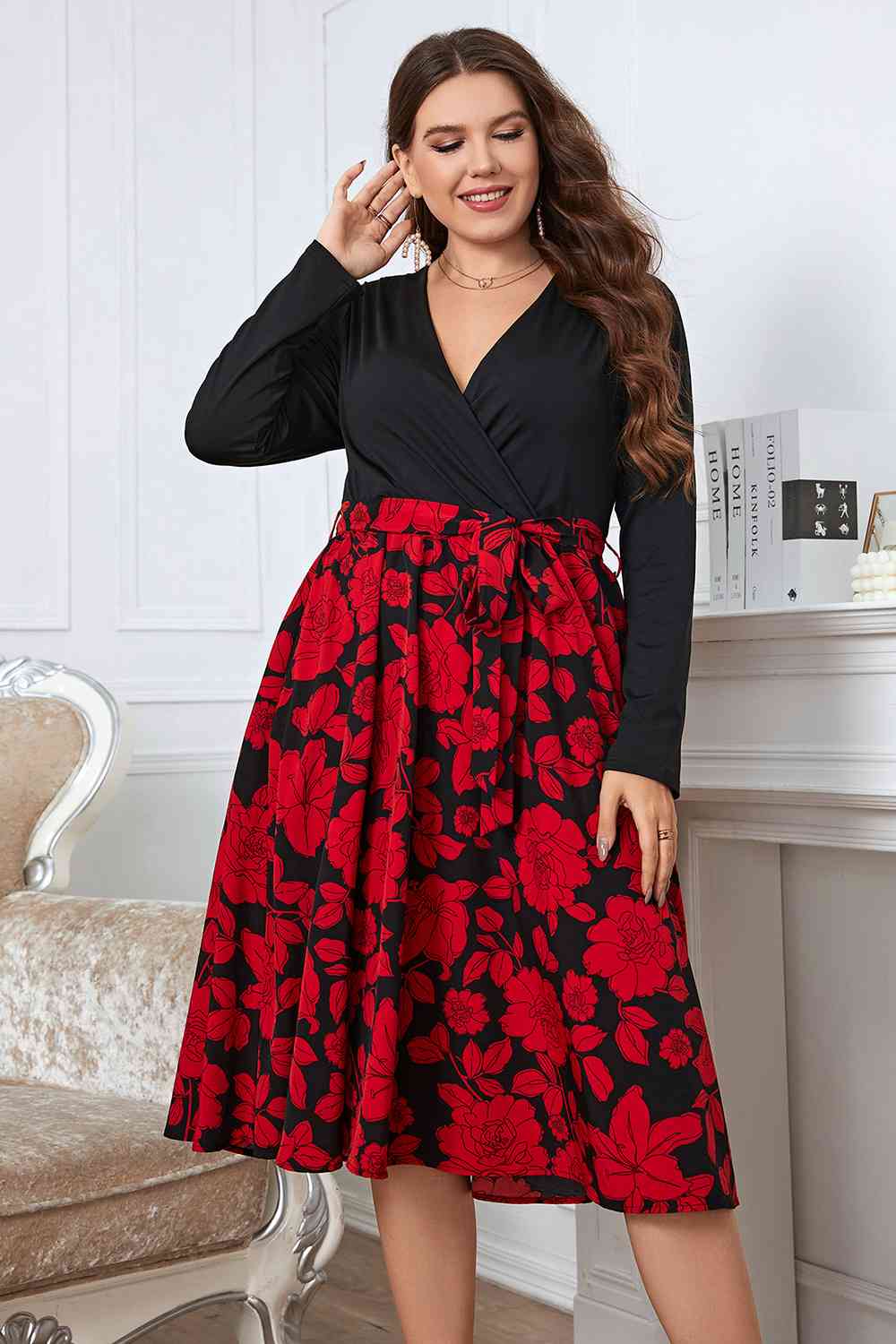 Floral Surplice Neck Long Sleeve Dress