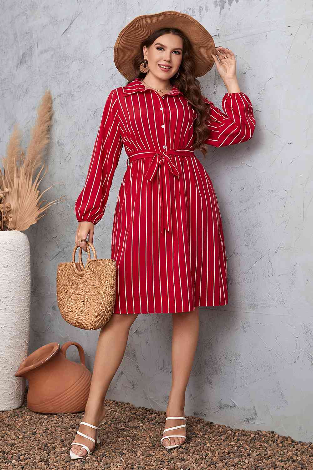 Striped Tie Waist Shirt Dress