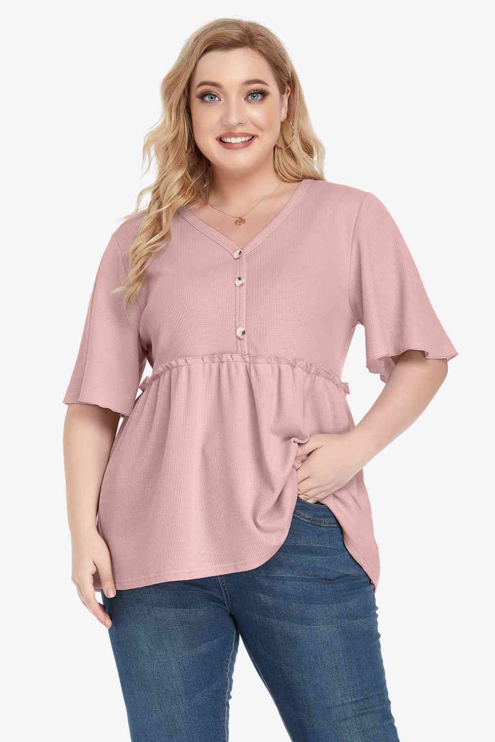 Buttoned V-Neck Frill Trim Babydoll Blouse