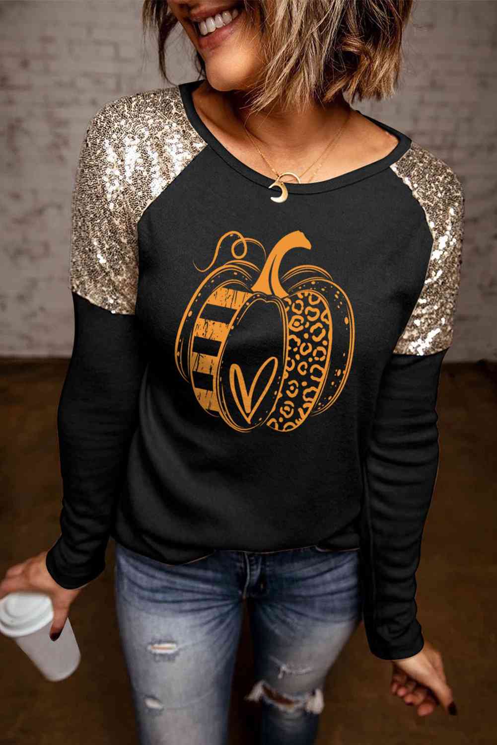 Pumpkin Graphic Sequin T-Shirt