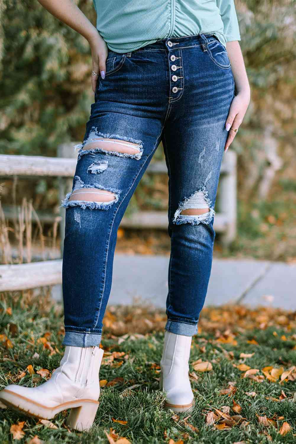 Button Fly Distressed Jeans