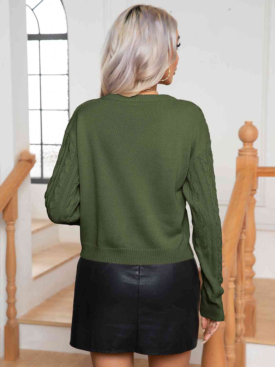 Cable-Knit Round Neck Long Sleeve Sweater