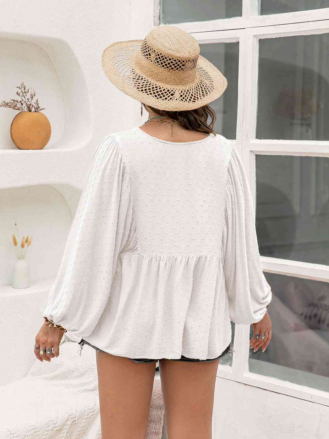 Swiss Dot Tie Neck Lantern Sleeve Blouse