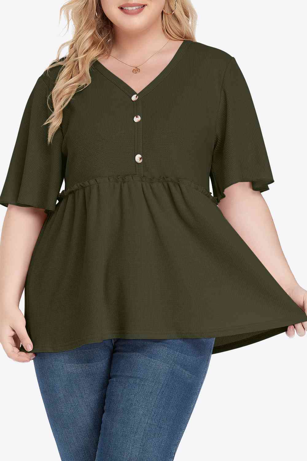 Buttoned V-Neck Frill Trim Babydoll Blouse