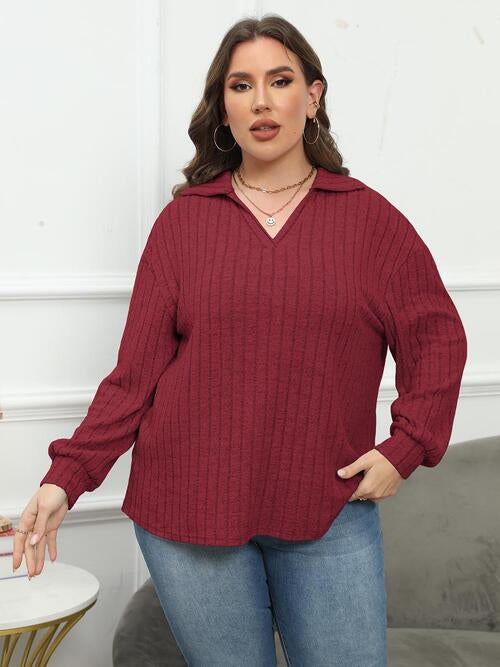 Ribbed Collared Neck Long Sleeve Blouse