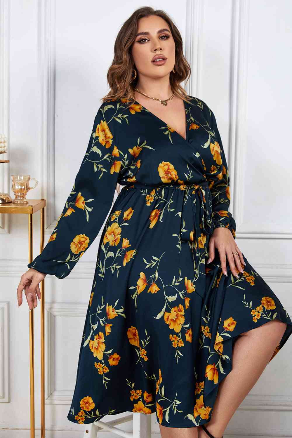 Melo Apparel Floral Print Surplice Neck Midi Dress