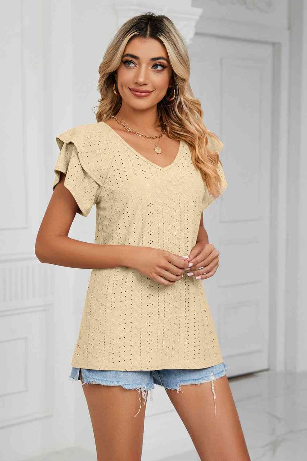 Eyelet Layered Flutter Sleeve V-Neck Knit Top