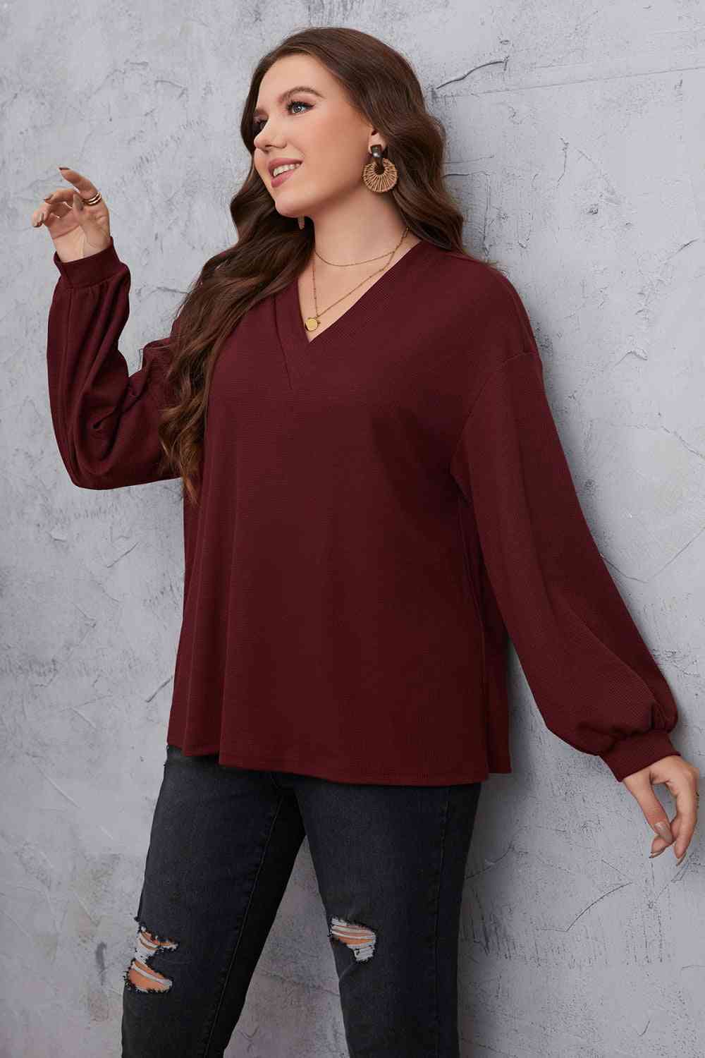 Melo Apparel V-Neck Dropped Shoulder Blouse