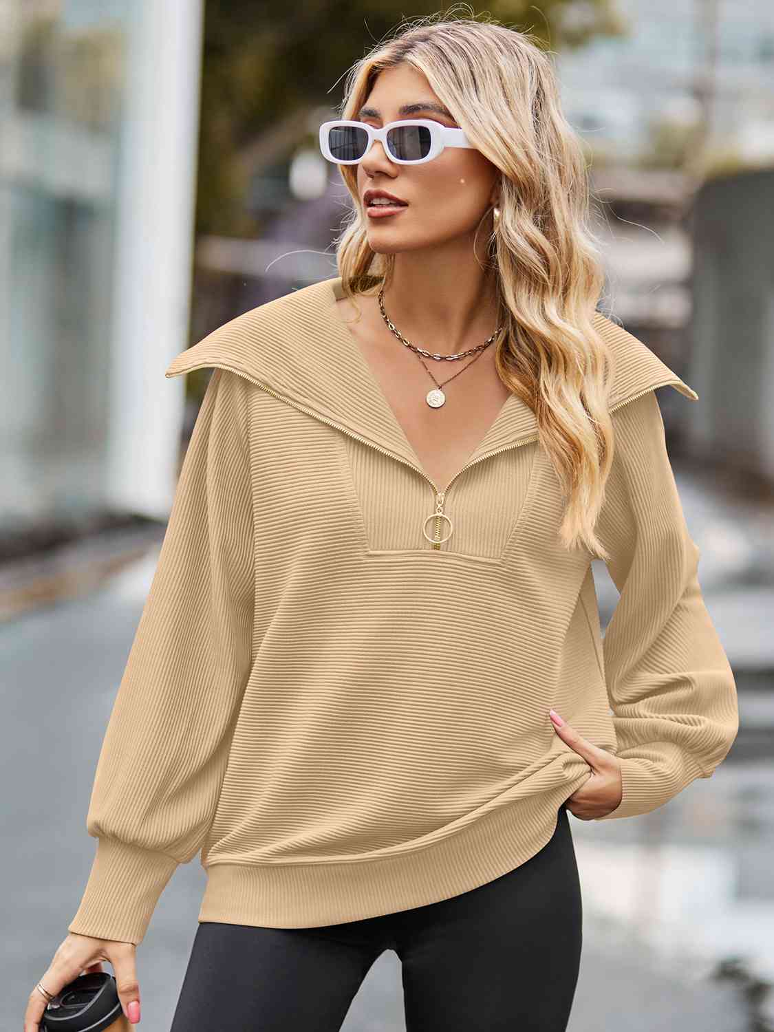 Half Zip Collared Neck Long Sleeve Sweatshirt