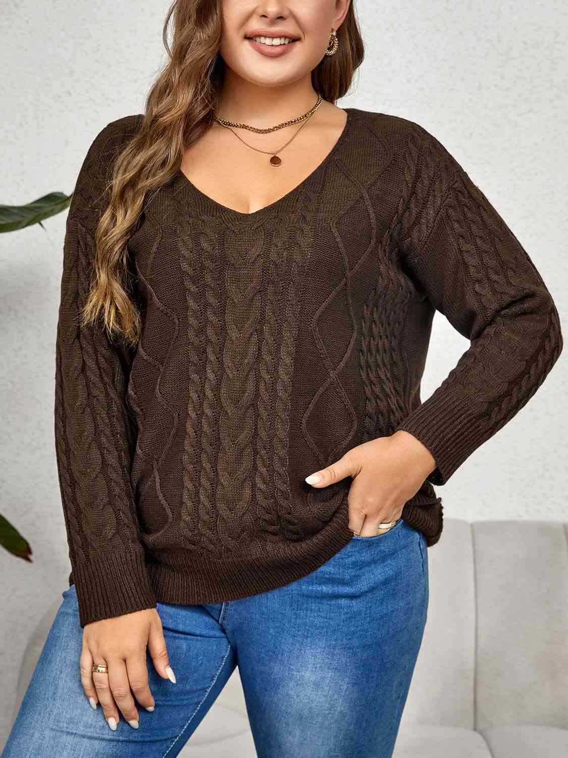 V-Neck Cable-Knit Long Sleeve Sweater