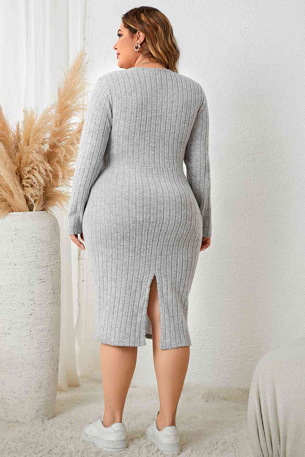 Surplice Neck Long Sleeve Slit Dress