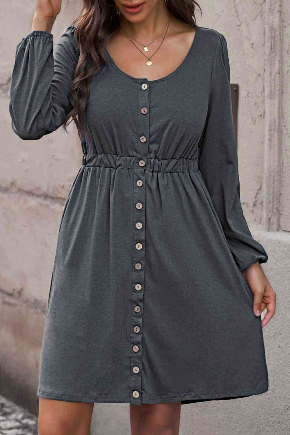 Button Front Elastic Waist Long Sleeve Dress