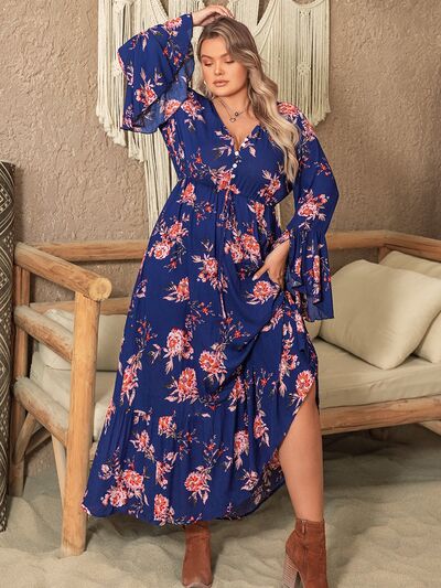 Printed Half Button Flare Sleeve Dress