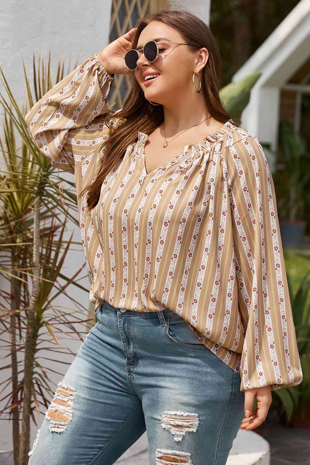 Striped Notched Neck Blouse