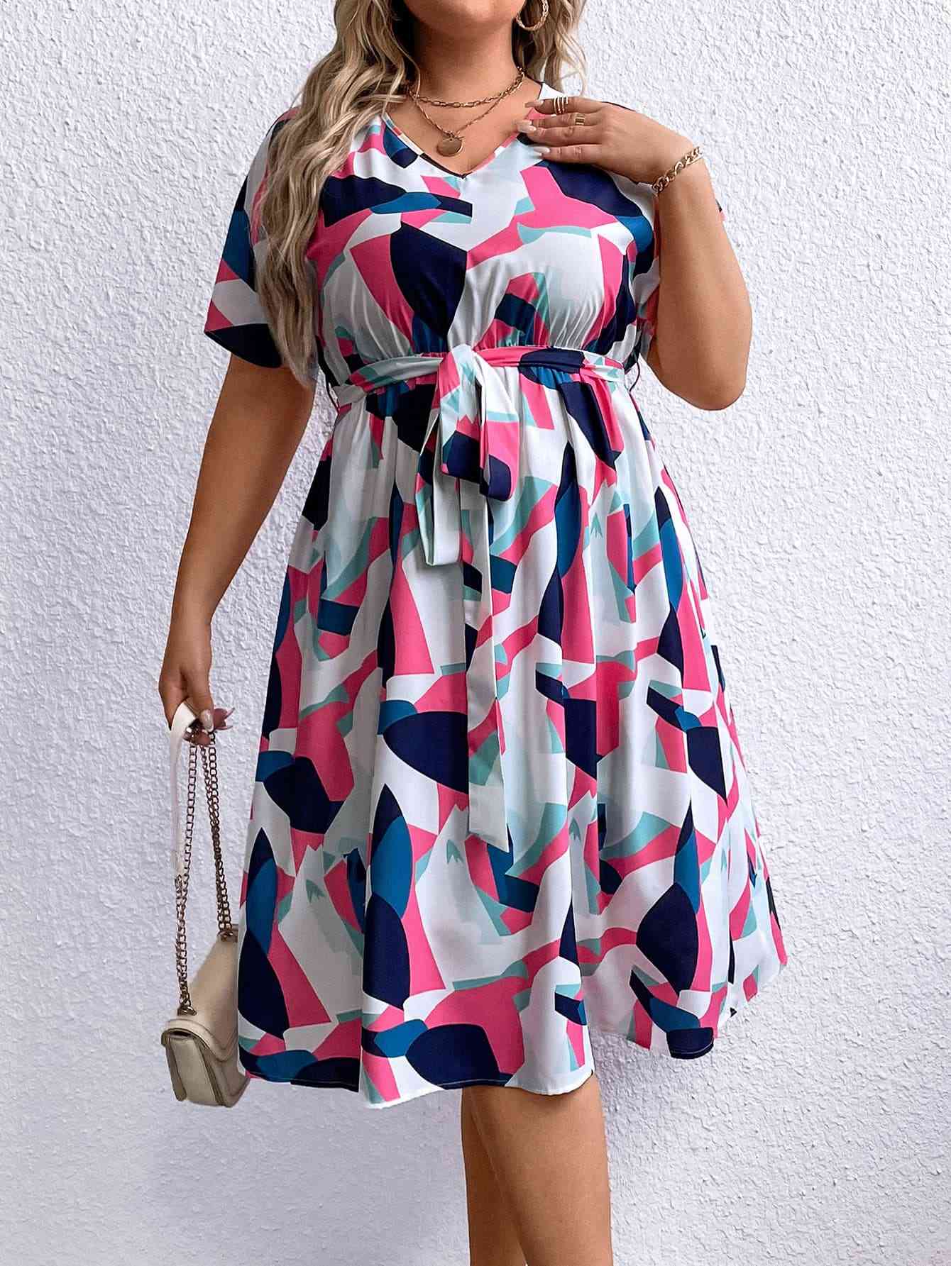 Multicolored V-Neck Tie Waist Dress