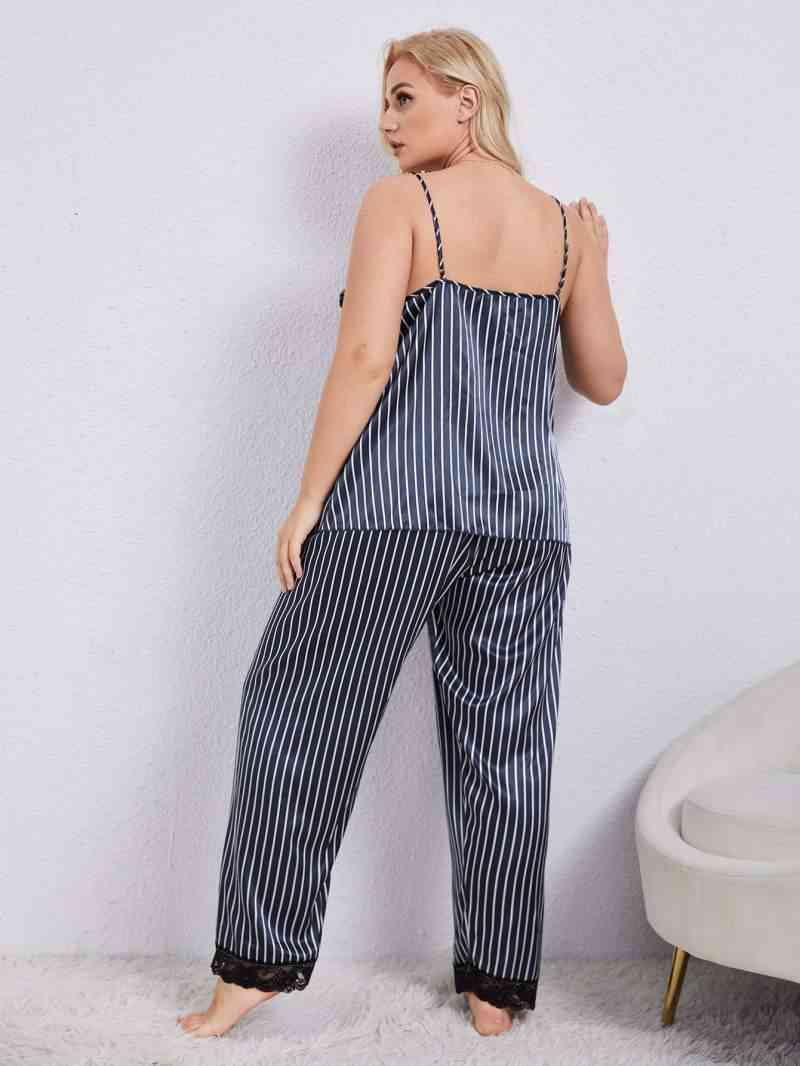 Vertical Stripe Lace Trim Cami and Pants Pajama Set