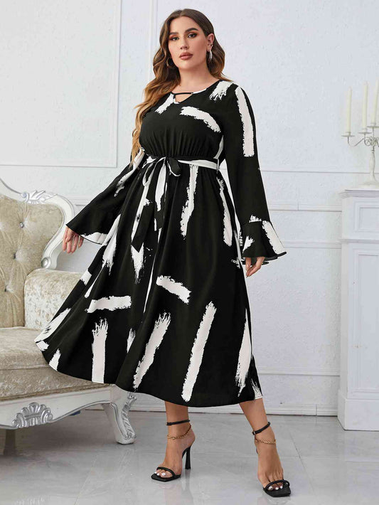 Melo Apparel Printed Tie Belt Flare Sleeve Round Neck Midi Dress