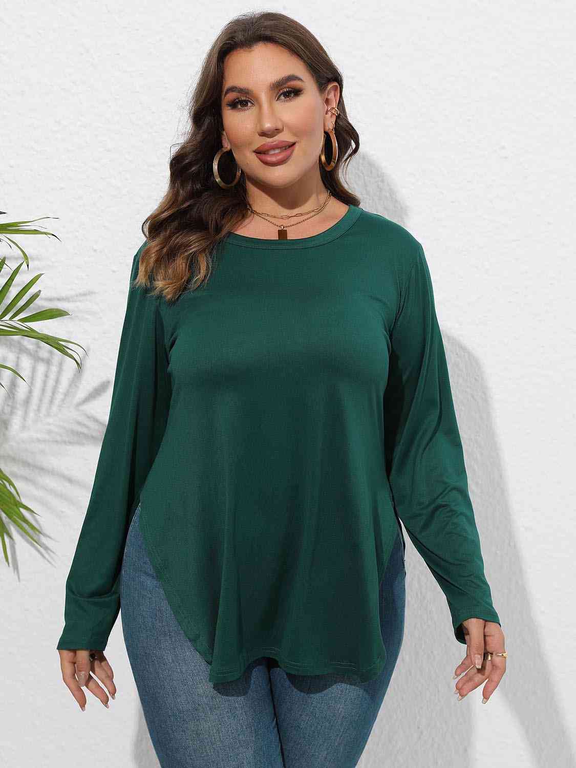 Round Neck Long Sleeve Slit T-Shirt