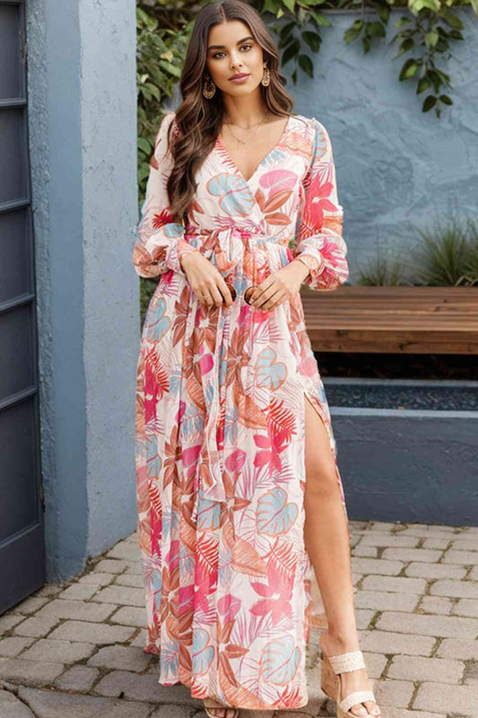 V-Neck Printed Slit Dress