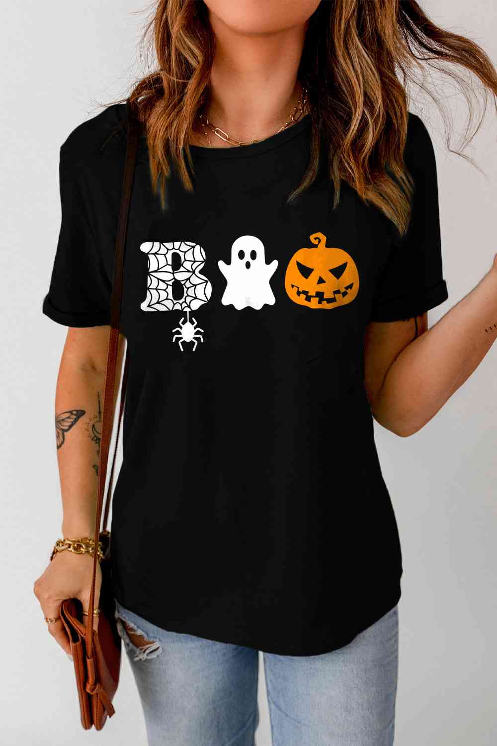 Round Neck Short Sleeve BOO Graphic T-Shirt