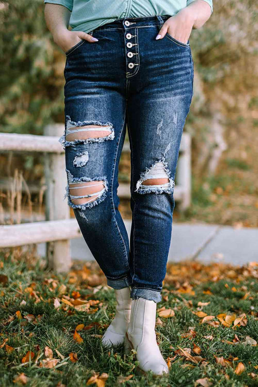 Button Fly Distressed Jeans