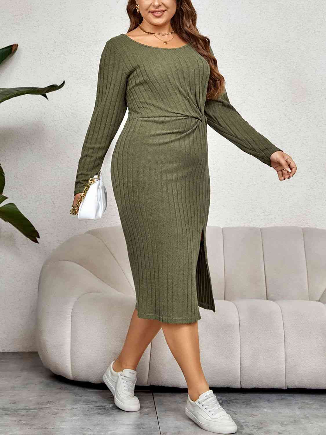 Ribbed Round Neck Twisted Slit Midi Dress