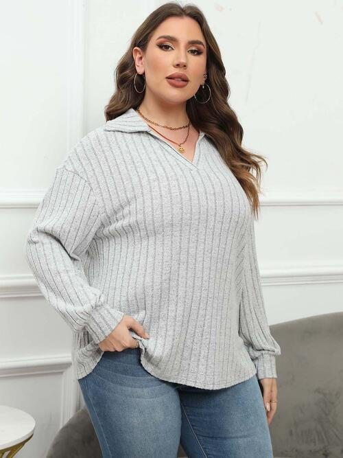 Ribbed Collared Neck Long Sleeve Blouse