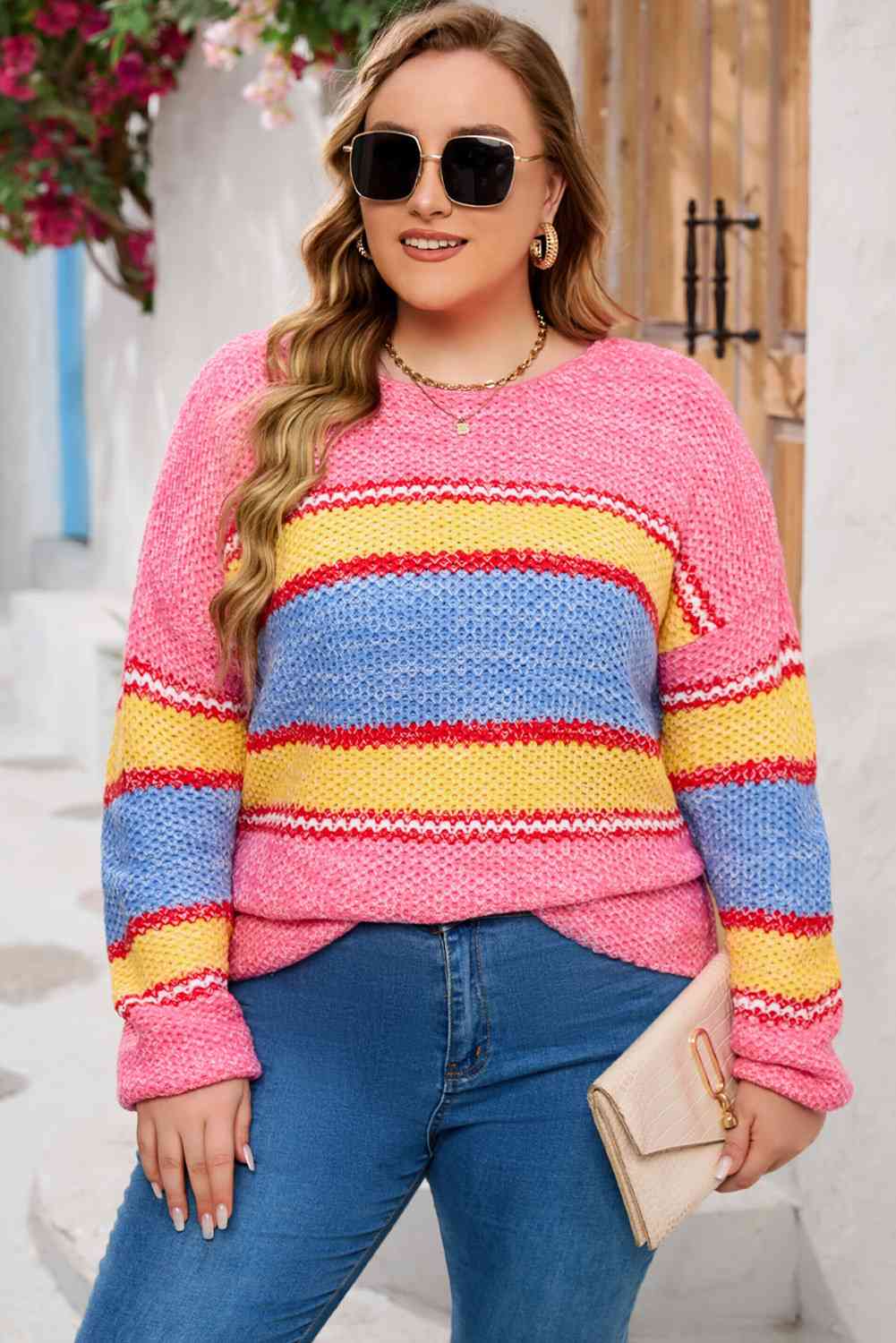 Color Block Round Neck Long Sleeve Sweater