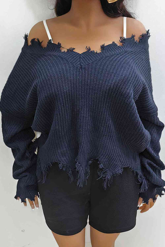 Fringe V-Neck Raglan Sleeve Sweater