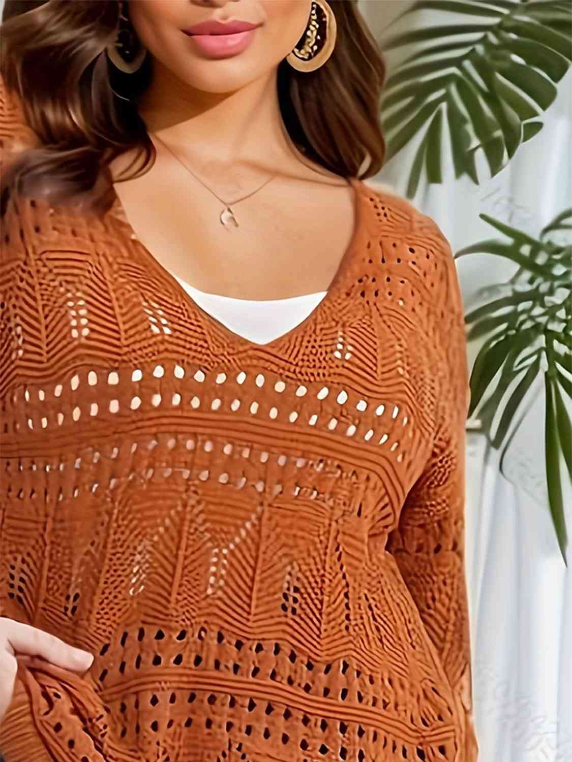 Openwork Plunge Long Sleeve Sweater