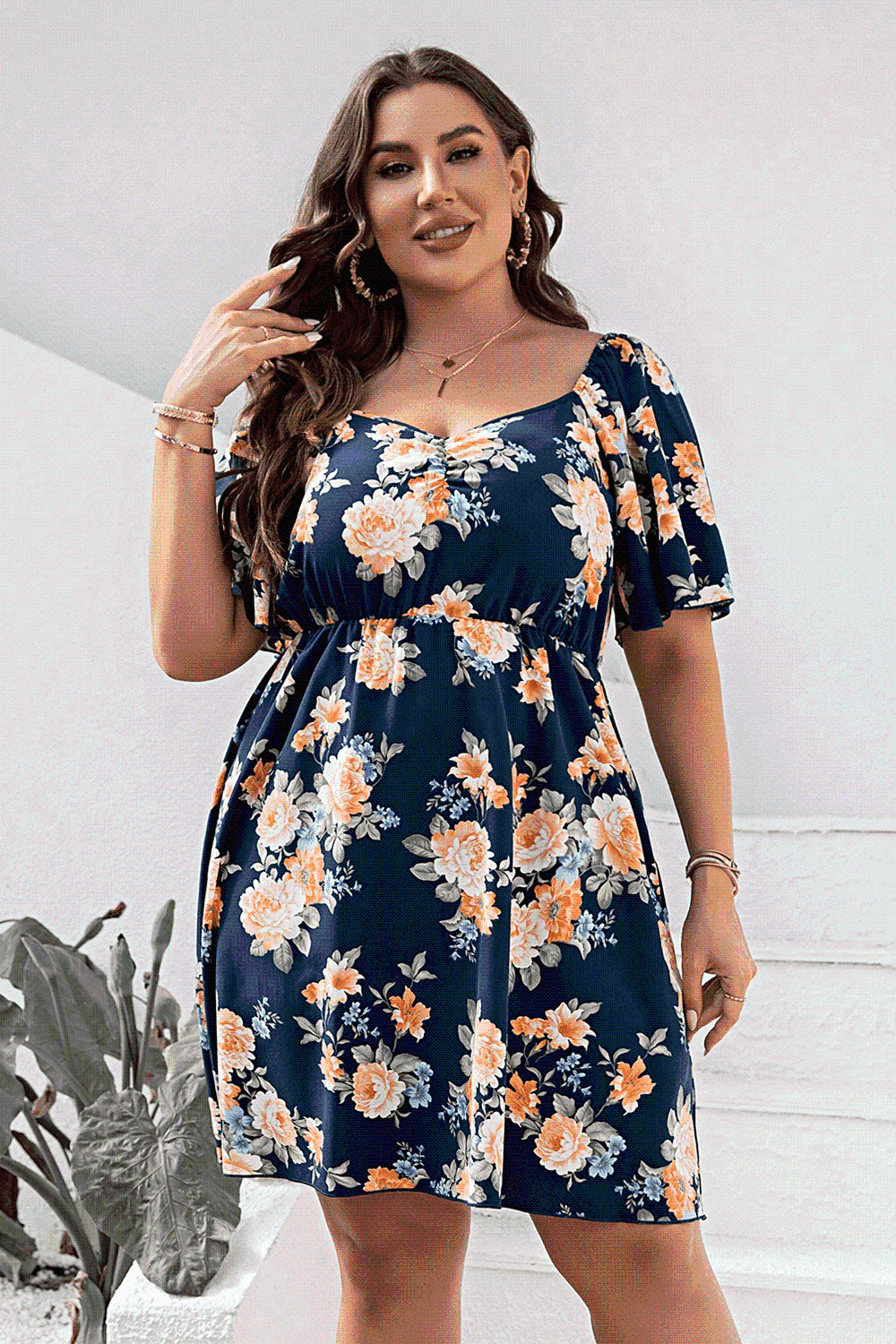 Floral Print V-Neck Flutter Sleeve Mini Dress