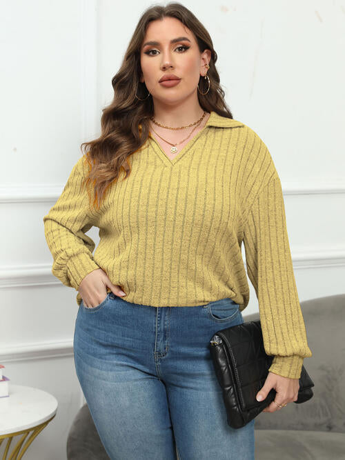 Ribbed Collared Neck Long Sleeve Blouse