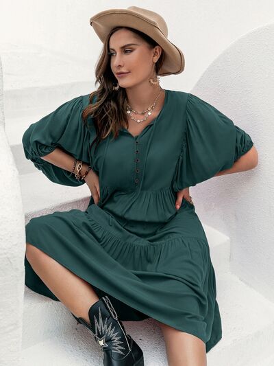 Tie Neck Balloon Sleeve Midi Dress