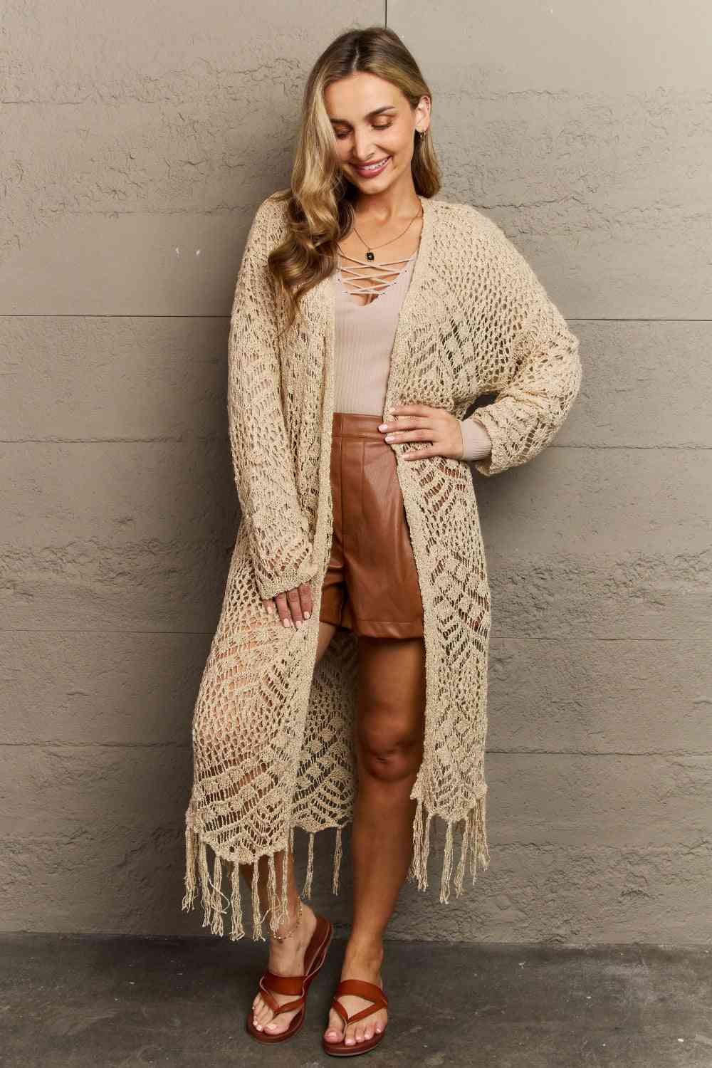 HEYSON Boho Chic Full Size Western Knit Fringe Cardigan