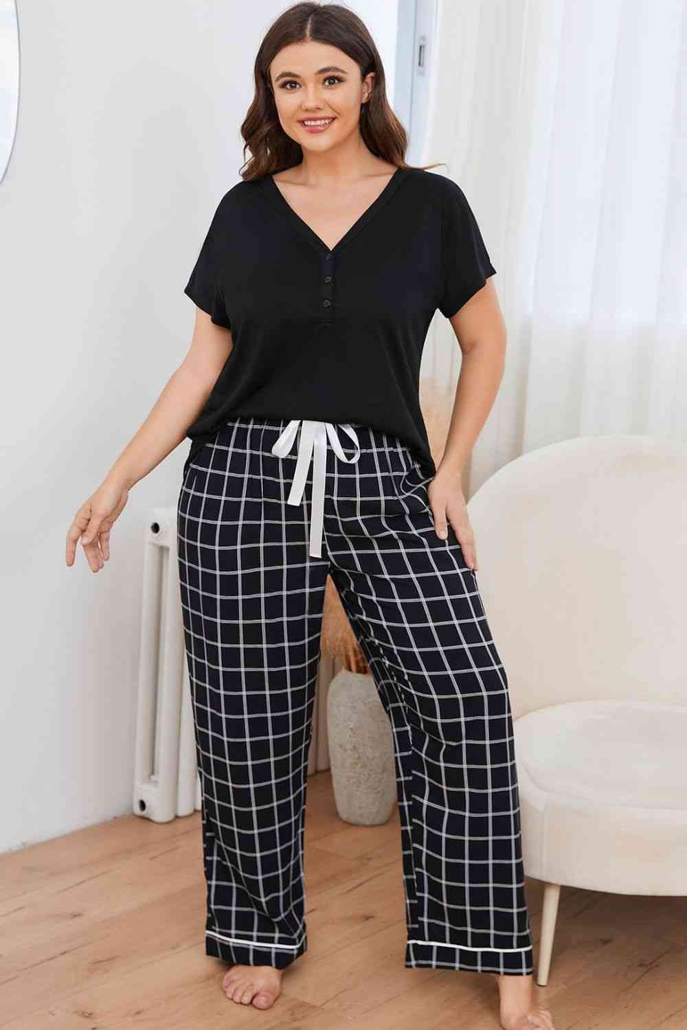 V-Neck Top and Plaid Pants Lounge Set