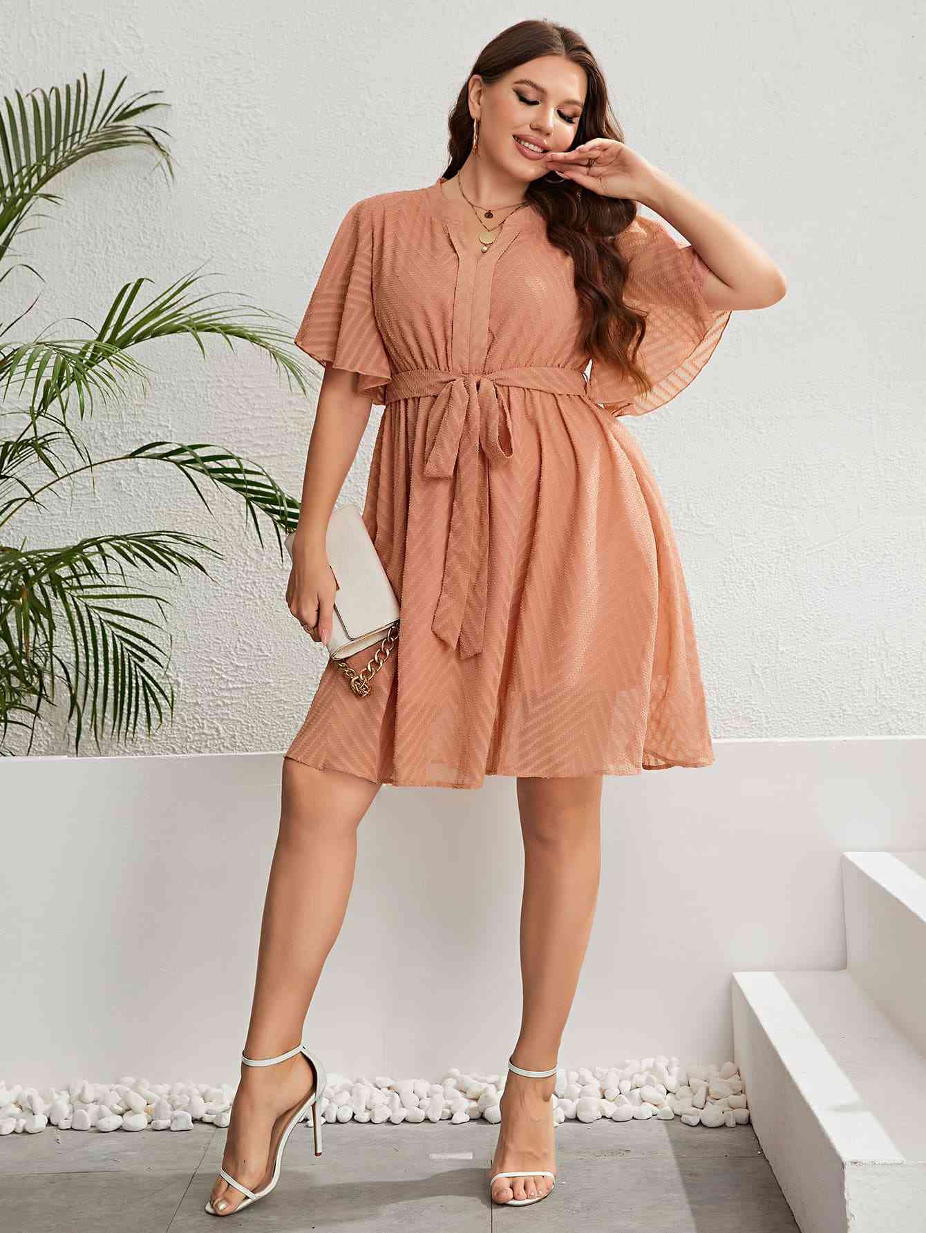 Tie Waist Notched Neck Flutter Sleeve Dress