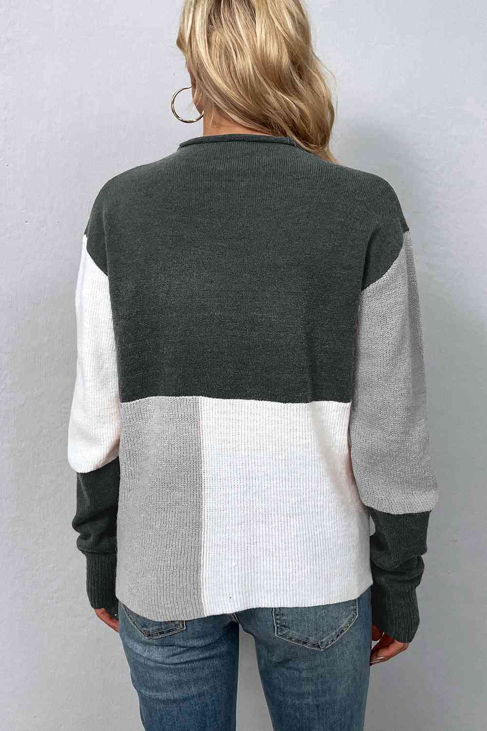 Color Block Round Neck Dropped Shoulder Sweater