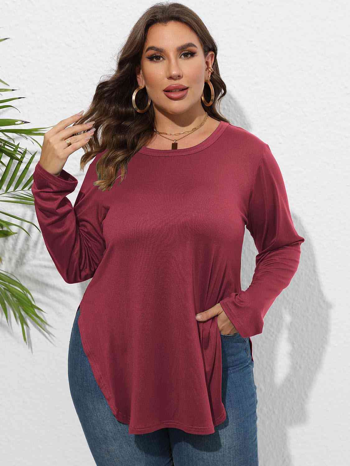 Round Neck Long Sleeve Slit T-Shirt
